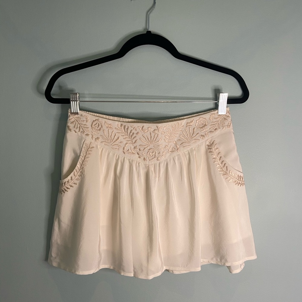 Joie White Silk Skort with Embroidered Waist, S
